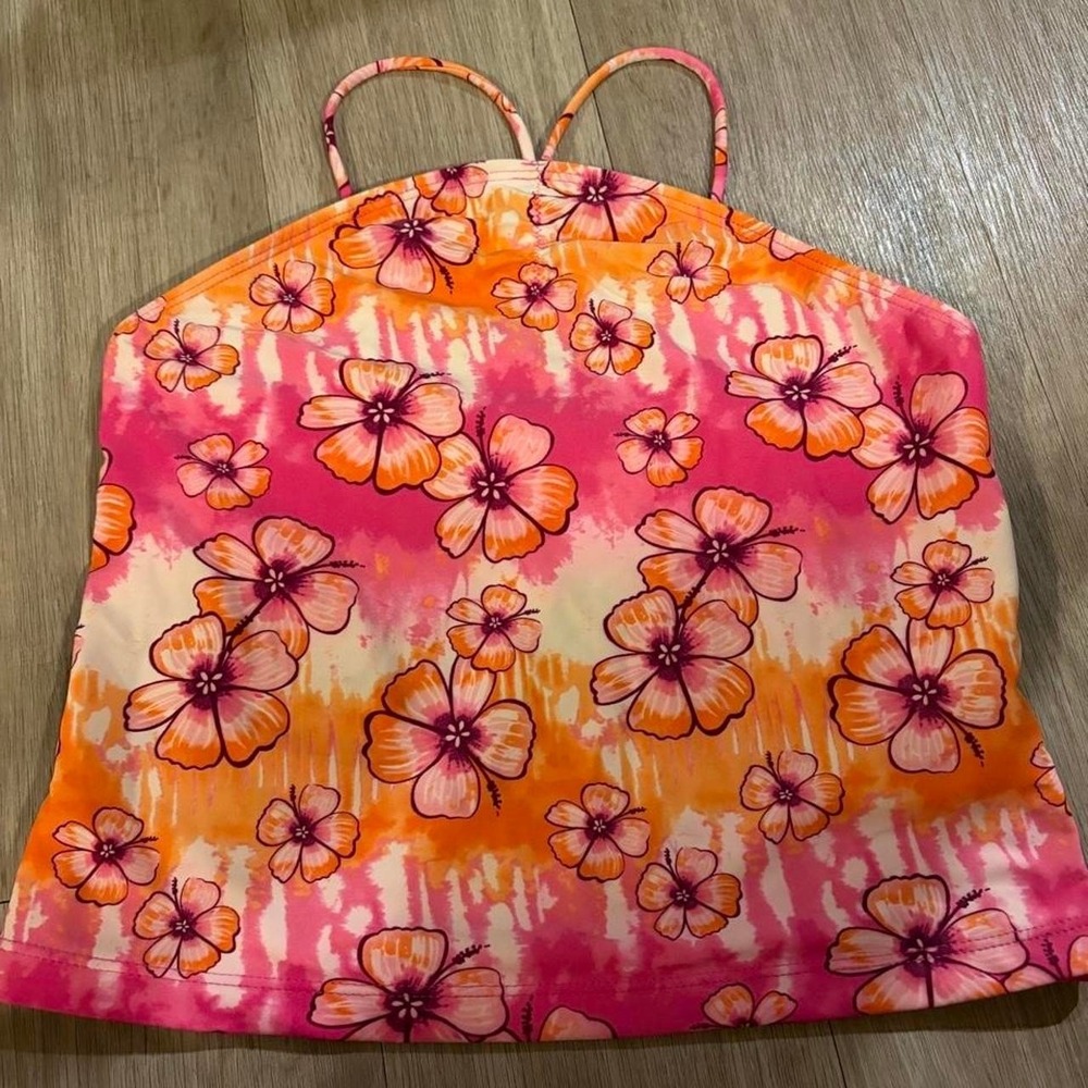 Y2K Joe Boxer Floral Tankini Swim Top Pink Orange Hibiscus Spaghetti Strap